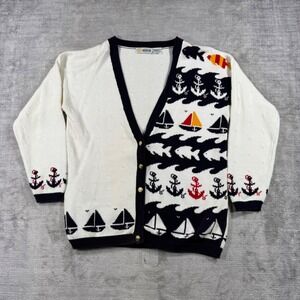 Vintage Nautical Cardigan Sweater Womens Medium Cream Navy Sailboat Anchor Fish